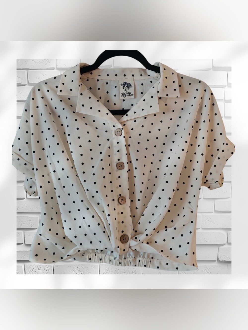 Lily White Beige Polka Dot Button-Front Tie Crop Shirt